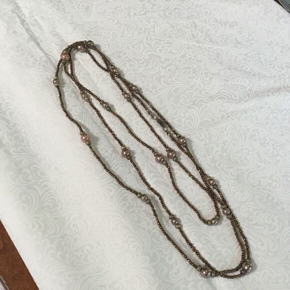 Copper Seed Bead with Faux Peach Pearls Necklace - Picture 3 of 6